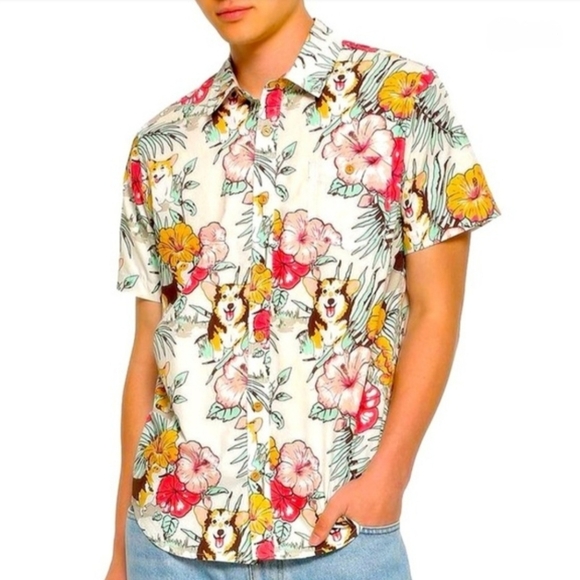 Hot Topic Other - Hot Topic Men's Corgi Floral Shirt - Red, Orange, Green